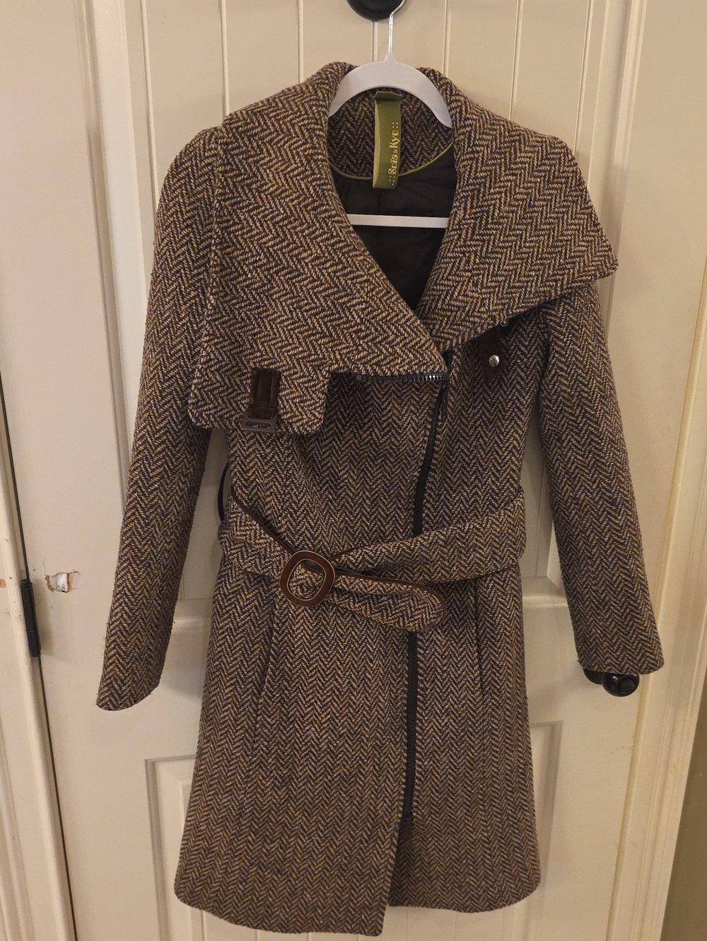 Soia & Kyo Tan and Brown Herringbone Belted Trench Coat